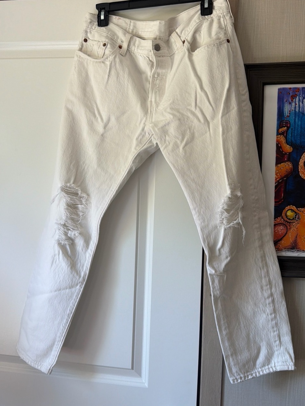 Levi's White Straight Leg Distressed Jeans